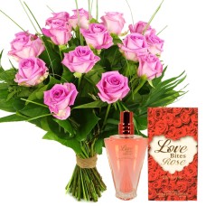 Pink roses + free rose perfume (Bouquet of 10 pink roses incl. leaf material + free perfume bottle with rose scent)